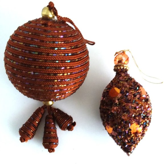 2 Vintage Beaded Christmas Ornament Sequins Beads Dangle Tassle Brown sparkle - Picture 1 of 6